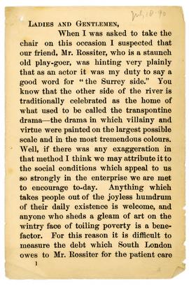 Henry Irving speech, 1890, page 1