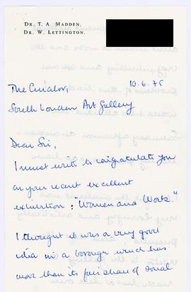 Letter from a member of the public about the Women &amp; Work exhibition, page 1