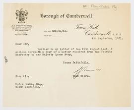 Letter about Queen Mary visiting the exhibition, 1