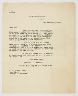 Letter about Queen Mary visiting the exhibition, 2