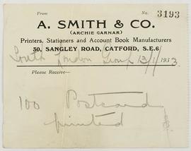 Receipt from A. Smith &amp; Co (postcards)