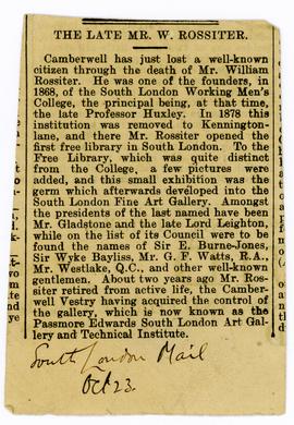 William Rossiter obituary, South London Mail