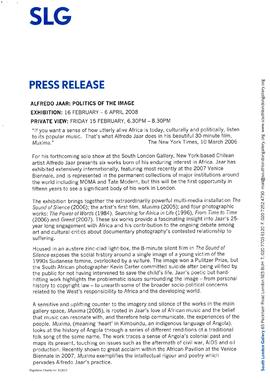 Alfredo Jaar Press Release, page 1