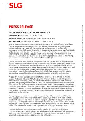 Ryan Gander Press Release, page 1